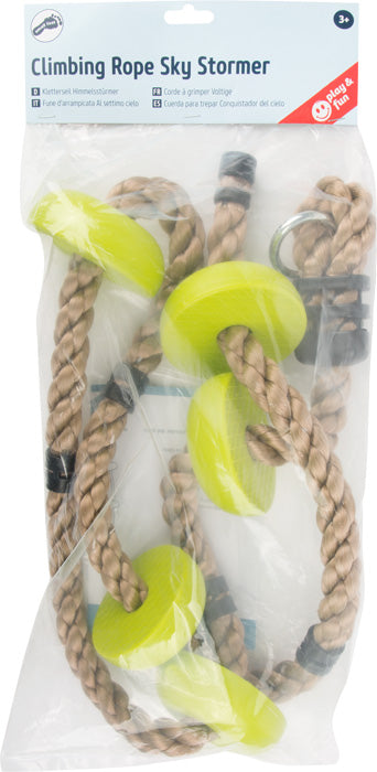 Verpacktes Kletterseil mit leuchtend grünen Scheiben, Aufschrift Kletterseil Himmelsstürmer, geeignet für Kinder ab 3 Jahren.