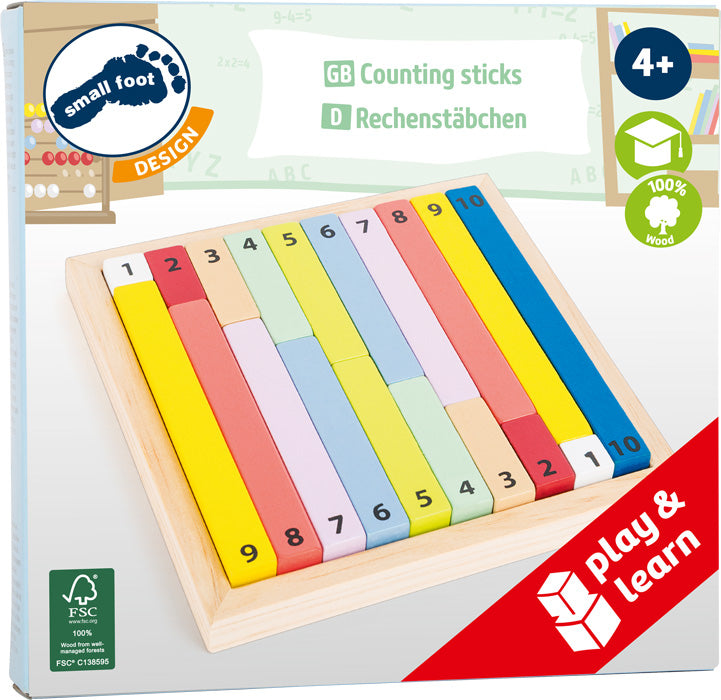 Das Rechenstäbchen „Educate“ ist ein Holzset mit bunten Rechenstäben von 1 bis 10, konzipiert für Kinder ab 4 Jahren.