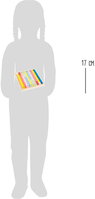Silhouette eines Kindes mit dem Rechenstäbchen „Educate“ und einer Größenmarkierung von 17 cm.