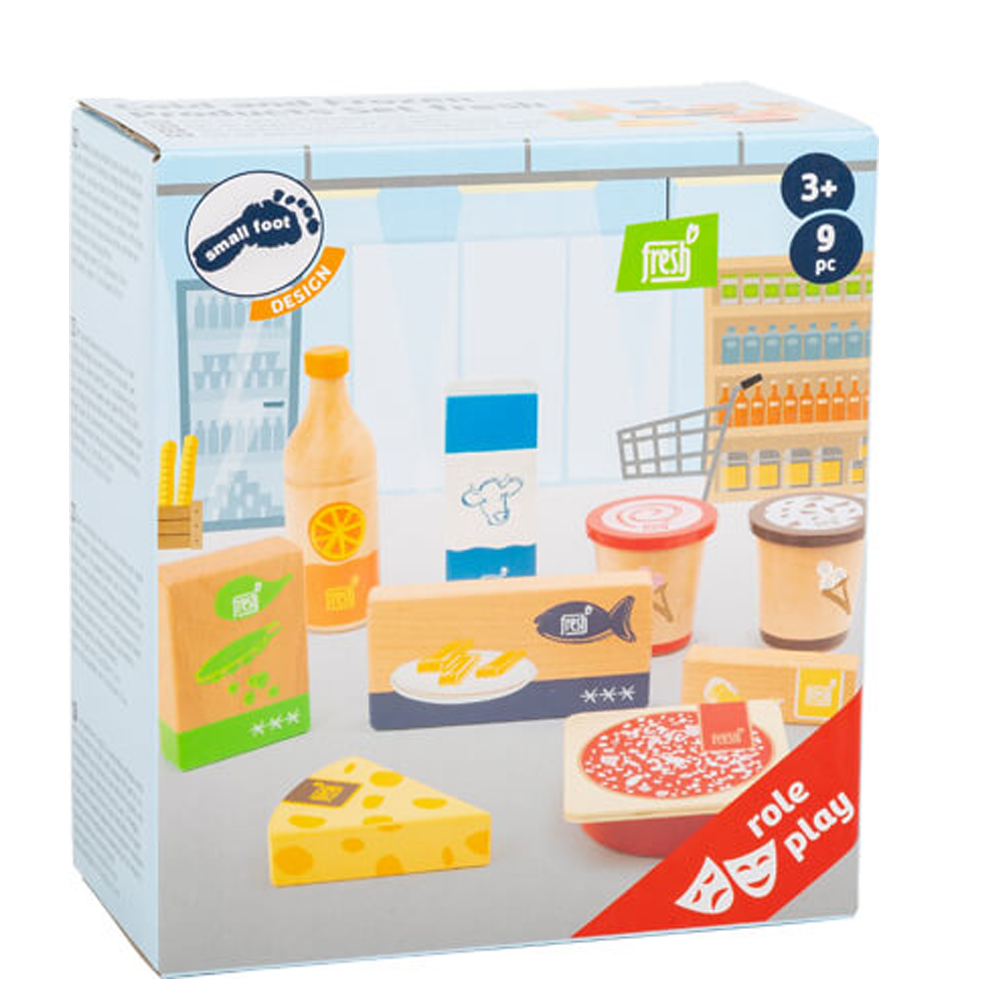 Gefrier- und Kühlwaren-Set „fresh“: Box mit Holzspielzeug-Lebensmitteln für Kinder ab 3 Jahren, inklusive Käse, Fisch, Milch und Saft.