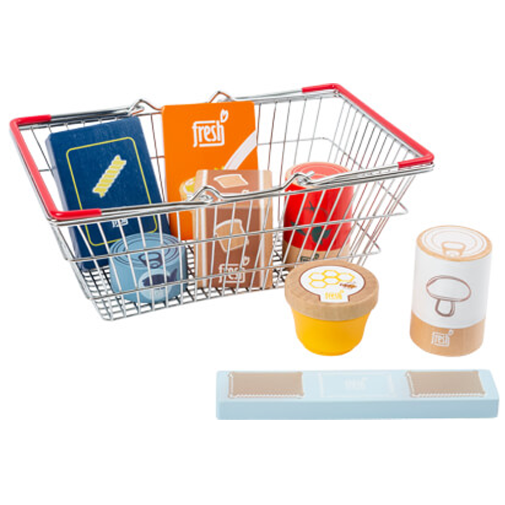 Das Lebensmittel-Set im Einkaufskorb „fresh“ besteht aus einem Spielzeug-Einkaufskorb mit daneben platzierten Spiellebensmitteln wie Schachteln, einem Glas und einem Karton.