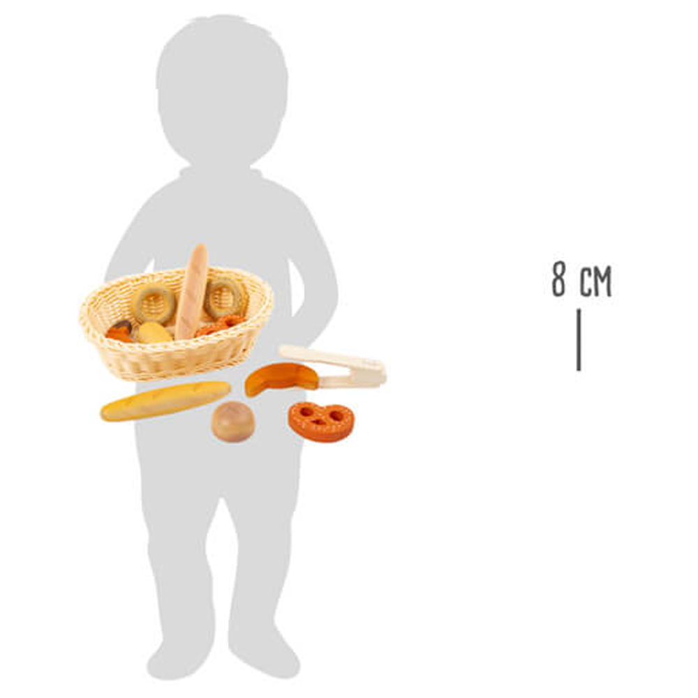 Silhouette eines Kindes mit dem Brotkorb-Set „frisch“ und Brotstücken, mit einem Größenbezug von 8 cm.