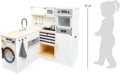 Das modulare XL-Spielküchenset Kinderküche in Weiß ist neben einer Kindersilhouette abgebildet, die eine Körpergröße von 83 cm anzeigt.