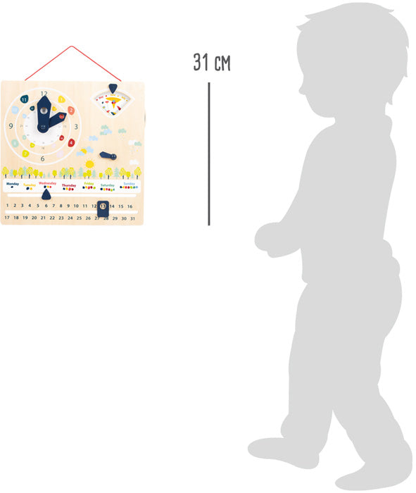 Die Lernuhr mit Kalender „Educate“ ist ein 31 cm großes Wandkalender- und Uhrenspielzeug, abgebildet neben einer stehenden Kindersilhouette.