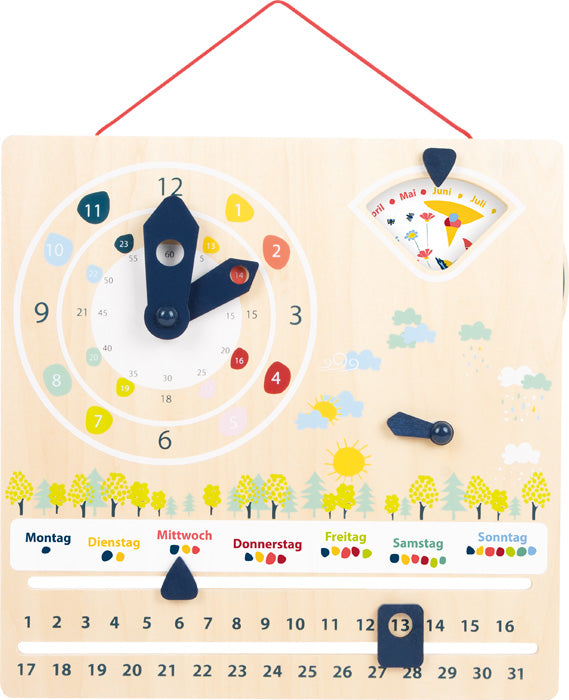 Die Lernuhr mit Kalender „Educate“ ist eine farbenfrohe Lernuhr aus Holz in deutscher Sprache mit Wochentagen, Daten, Monaten und Wetteroptionen.