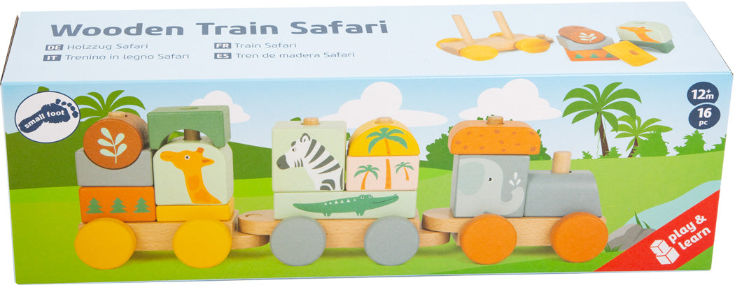 Der Holzzug „Safari“ ist ein farbenfrohes Holzspielzeug-Eisenbahnset mit 16 Teilen zum Thema Tiere und Pflanzen für Kinder ab 12 Monaten.