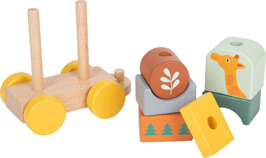 Holzzug „Safari“: Holzspielzeugeisenbahn mit gelben Rädern und farbenfrohen Tier- und Naturmotiven.