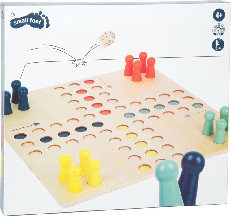 Ludo XL ist ein Brettspiel aus Holz mit farbigen Stiften und einem Würfel in der Luft, das für 2–4 Spieler ab 4 Jahren konzipiert ist.