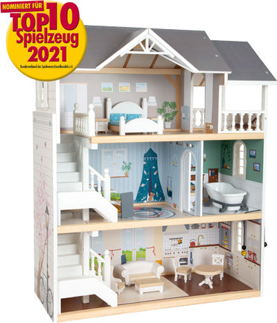Puppenhaus Stadtvilla: Dreistöckiges Puppenhaus aus Holz mit eingerichteten Zimmern, nominiert für die Top 10 Spielzeuge 2021 in Deutschland.