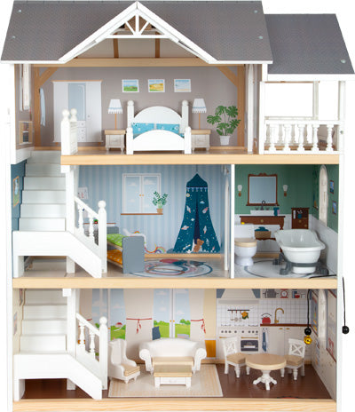 Das Puppenhaus Stadtvilla ist ein dreistöckiges Puppenhaus mit möbliertem Schlafzimmer, Badezimmer, Wohnzimmer, Küche und einer Treppe, die die einzelnen Stockwerke verbindet.