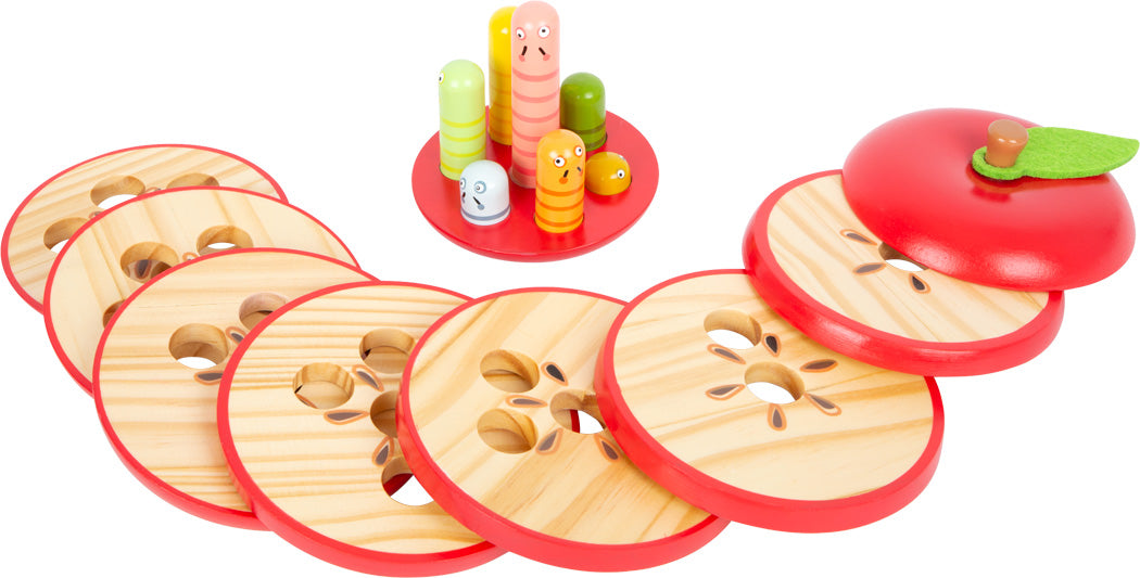 Das Lernspiel Logisteck Apfel ist ein Apfelpuzzle aus Holz mit gelochten Scheiben, bunten Wurmstiften, einer roten Grundplatte und einem Filzblatt.