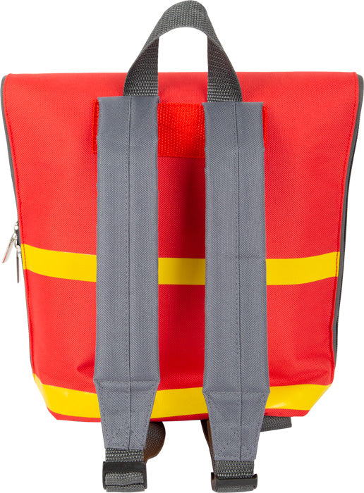 Der Notarztrucksack ist ein rot-gelber Rucksack mit zwei grauen Riemen und einem oberen Griff, der von hinten sichtbar ist.