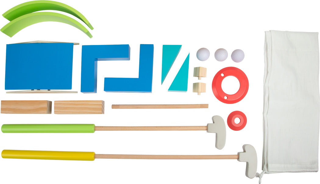 Das Minigolf-Set „Active“ beinhaltet bunte Schläger, Bälle, Hindernisse und eine Aufbewahrungstasche, alles übersichtlich angeordnet auf weißem Untergrund.