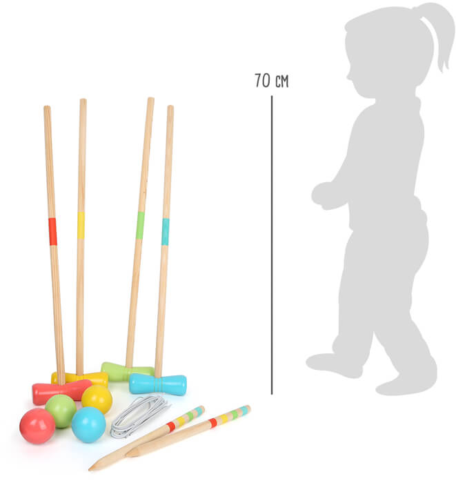 Das Krocket „Active“-Krocketset aus Holz für Kinder enthält Schläger, Bälle und Reifen und ist als Größenvergleich mit der Silhouette eines 70 cm großen Kindes abgebildet.