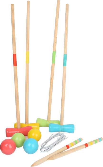Das Krocket „Active“-Set beinhaltet bunte Schläger, Bälle, Metallreifen und zwei gestreifte Pfähle, alles auf weißem Hintergrund.