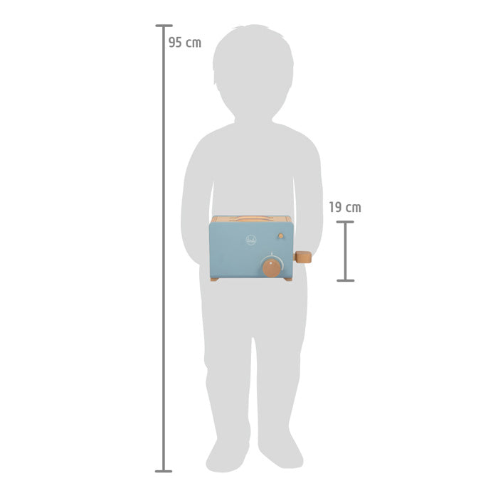 Eine Kindersilhouette hält das Toaster-Set „lecker“, wobei die Toasterhöhe mit 19 cm und die Kindergröße mit 95 cm angegeben ist.