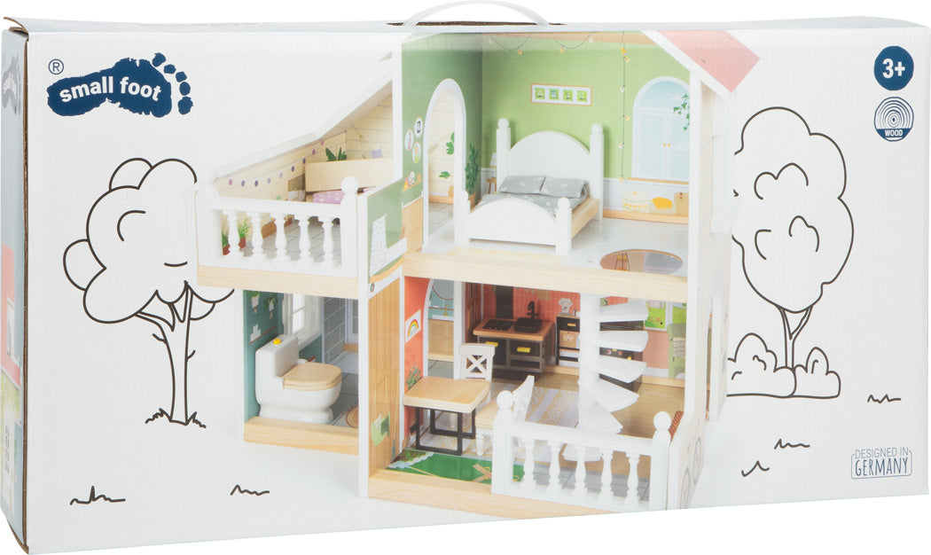 Die Verpackung des Puppenhauses mit Dachterrasse zeigt ein zweistöckiges Haus mit farbenfrohen Räumen, Wendeltreppen, Möbeln und einer Dachterrasse.