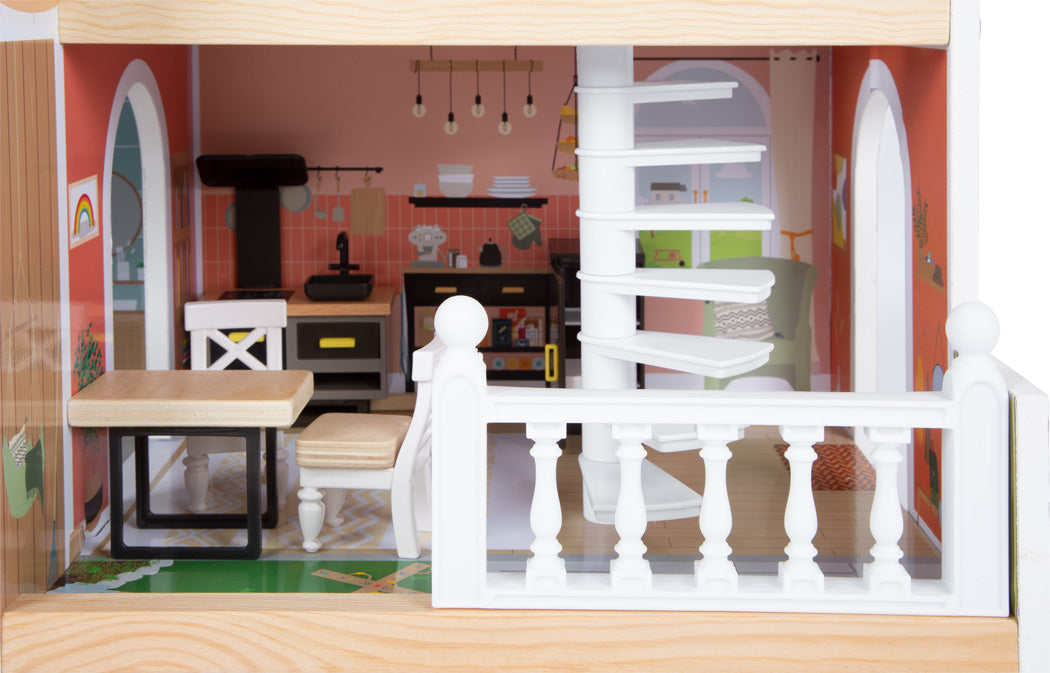 Das Puppenhaus mit Dachterrasse verfügt über eine Wendeltreppe, eine Küche, einen Esstisch und bunte Wände für ein lebendiges Puppenhaus-Interieur.