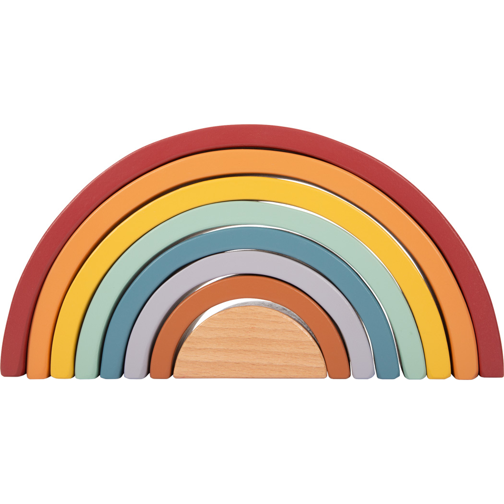 Die Holzbausteine Regenbogen „Safari“ sind ein Stapelspielzeug aus Holz mit bunten, bogenförmigen Teilen in Form eines Regenbogens.