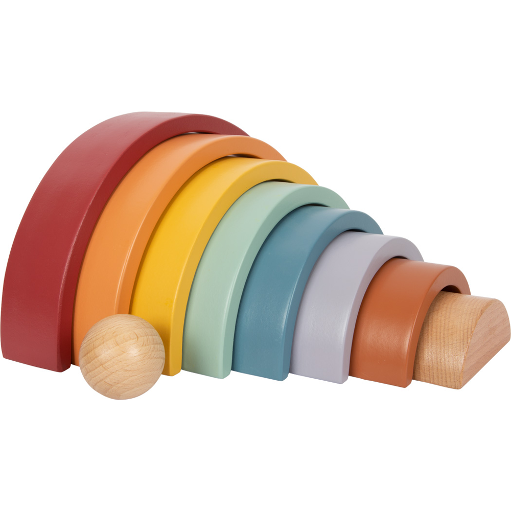 Die Holzbausteine Regenbogen „Safari“ bestehen aus gestapelten Holzbögen in Regenbogenfarben, komplett mit einer Holzkugel und einem Dreieck an jedem Ende.