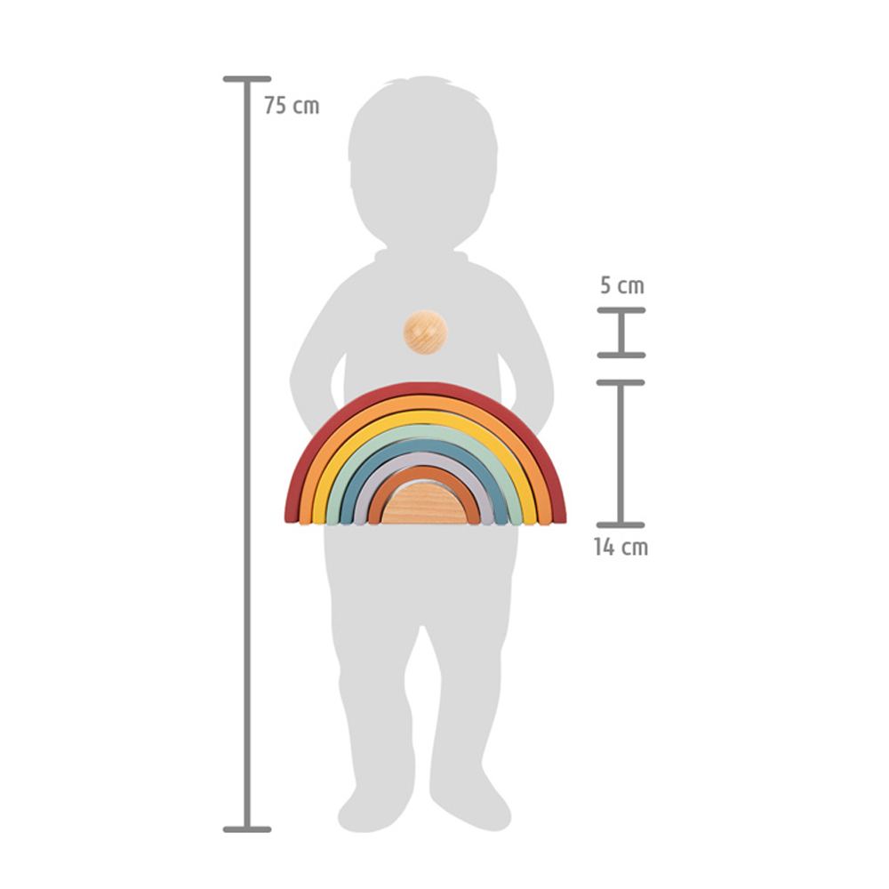 Eine Kindersilhouette hält die Holzbausteine Regenbogen „Safari“, die 75 cm hoch, 5 cm tief und 14 cm breit sind.