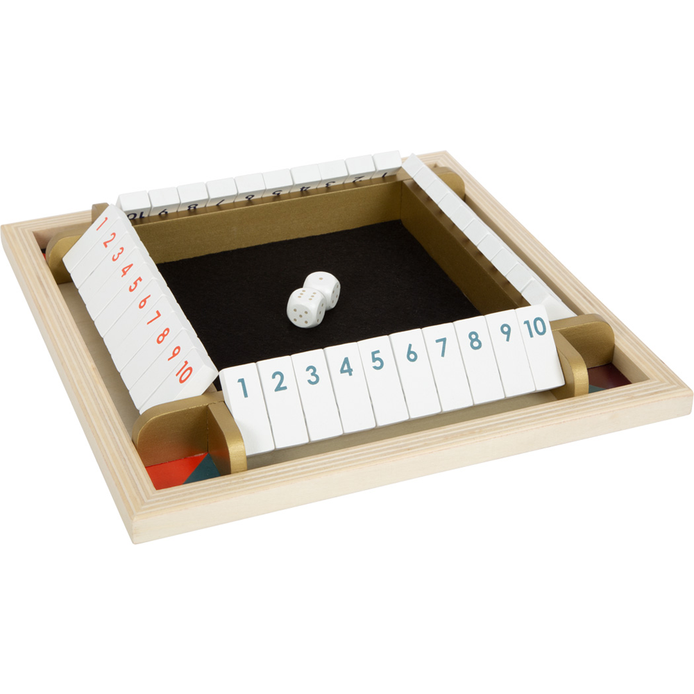 Das Würfelspiel Shut the Box „Gold Edition“ ist ein Holzspiel mit nummerierten Spielsteinen und zwei weißen Würfeln in der Mitte.