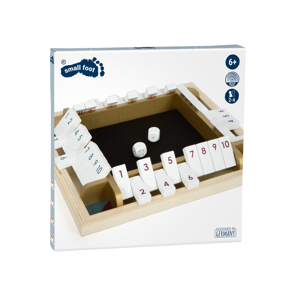 Würfelspiel Shut the Box „Gold Edition“: Holzspiel mit nummerierten Spielsteinen, zwei Würfeln und Schachtelverpackung; geeignet für Kinder ab 6 Jahren.