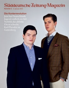 Zwei junge Männer in formeller Kleidung posieren für das Cover des Süddeutsche Zeitung Magazins, Ausgabe 2, Januar 2010.