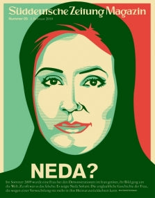 Illustriertes Porträt einer Frau mit dem Text NEDA? auf einem Zeitschriftenumschlag, in Grün- und Rottönen.