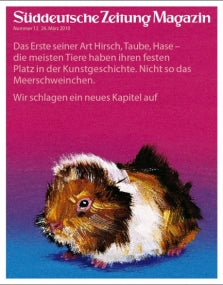 Illustration eines flauschigen Meerschweinchens auf lila Hintergrund mit deutschem Text darüber.