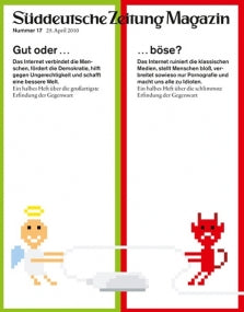 Geteilte Seite mit einem verpixelten Engel auf der linken und einem Teufel auf der rechten Seite, darüber jeweils ein deutscher Text.