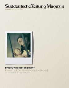 Zeitschriftenumschlag mit einem verblassten Foto eines Mannes und eines Babys; deutscher Text: "Bruder, was hast du getan?.
