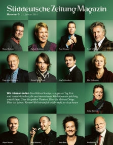 Umschlag des Süddeutsche Zeitung Magazins mit Porträts von zwölf lächelnden Menschen in zwei Reihen auf grünem Hintergrund.