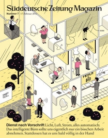 Illustration von Menschen, die in einem modernen, mehrstöckigen Büro mit Glaswänden und verschiedenen Bürotätigkeiten arbeiten.