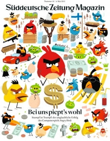 Cartoon Angry Birds-Figuren mit Requisiten wie Geld, Autos und Mikrofonen auf einem Zeitschriftencover.