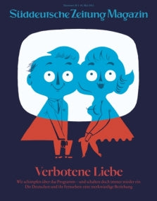 Ein illustriertes Paar sitzt eng beieinander auf einem stilisierten Zeitschriftencover mit dem Titel Verbotene Liebe.