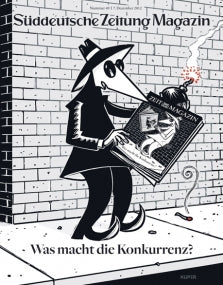 Cartoon-Spion liest eine Zeitung mit einer Bombe, während er an einer Backsteinmauer vorbeiläuft; deutscher Text oben und unten.