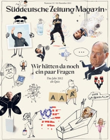 Collage aus verschiedenen Cartoon-Zeichnungen, Personen und Gegenständen auf einem deutschen Magazin-Cover, Süddeutsche Zeitung Magazin.