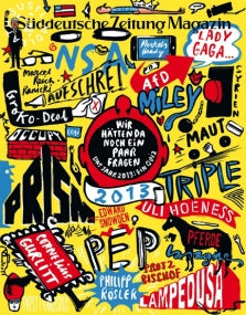 Ein farbenfrohes, collagenartiges Magazin-Cover mit fettem Text, Kritzeleien und verschiedenen Anspielungen auf die Popkultur.