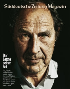 Nahaufnahme eines älteren Mannes mit ernster Miene auf der Titelseite des Süddeutsche Zeitung Magazins, daneben deutscher Text.