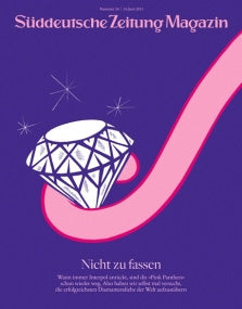 Eine große rosafarbene Zunge berührt einen funkelnden Diamanten auf violettem Hintergrund mit deutschem Text darüber und darunter.