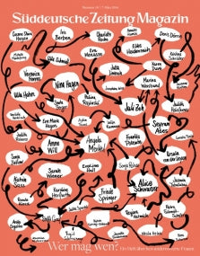 Umschlag mit weißen Sprechblasen, schwarzen Pfeilen und Namen auf orangefarbenem Hintergrund; mit der Aufschrift Süddeutsche Zeitung Magazin.