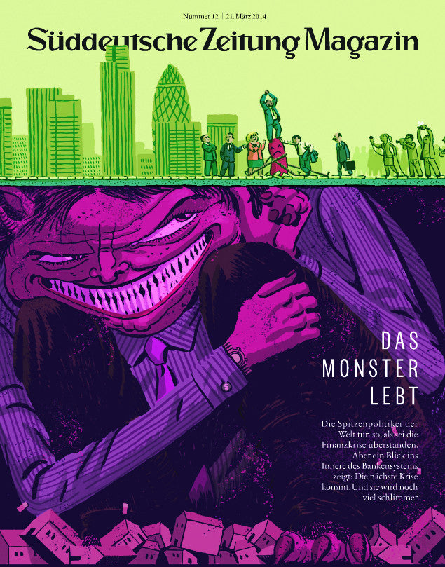 Das Titelbild zeigt ein riesiges Monster in einem Anzug, das eine Stadt umklammert, mit verängstigten Menschen oben und Gebäuden unten.