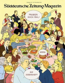 Cartoon von Menschen um einen überfüllten Tisch mit Essen, einige halten Essen und Sprechblasen in Deutsch.