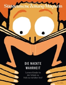Cartoon einer schockierten Person, die ein Buch liest; deutscher Text über Sexualerziehung für Kinder auf dem Umschlag.