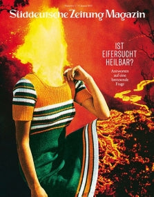 Eine Frau in einem gestreiften Kleid, deren Kopf durch Flammen ersetzt ist; Textüberlagerung auf dem Cover einer deutschen Zeitschrift.