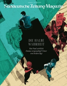 Zeitschriftenumschlag mit Abbildung einer nachdenklichen Person und einem Protest mit NO PITAR NO-Schild, diagonal geteilt.