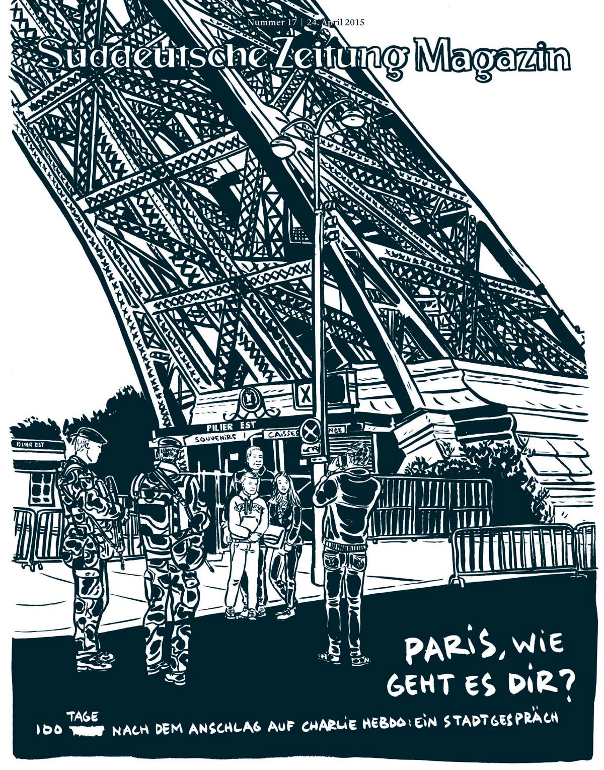 Illustration von Soldaten und Polizisten in der Nähe des Eiffelturms, die Personen kontrollieren. Text: Paris, wie geht es dir?.