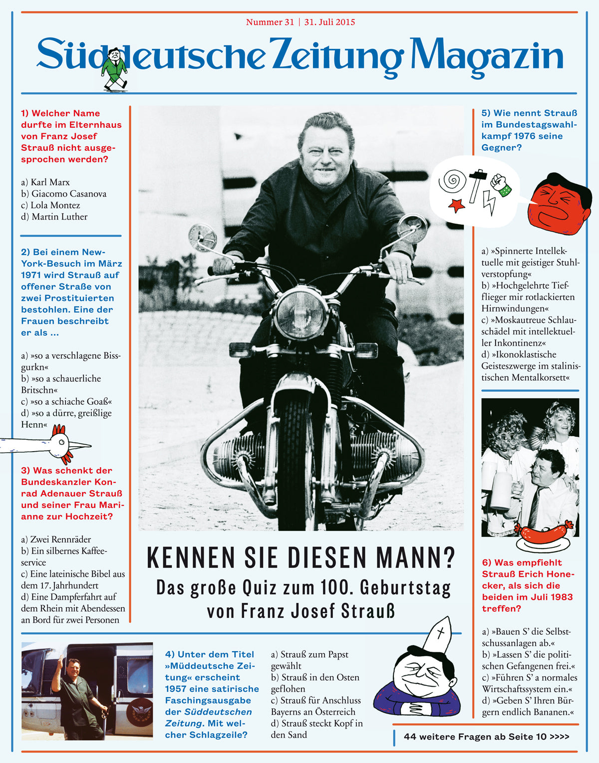 Titelseite des Süddeutsche Zeitung Magazins mit einem Mann auf einem Motorrad und mehreren Quizfragen über Franz Josef Strauß.