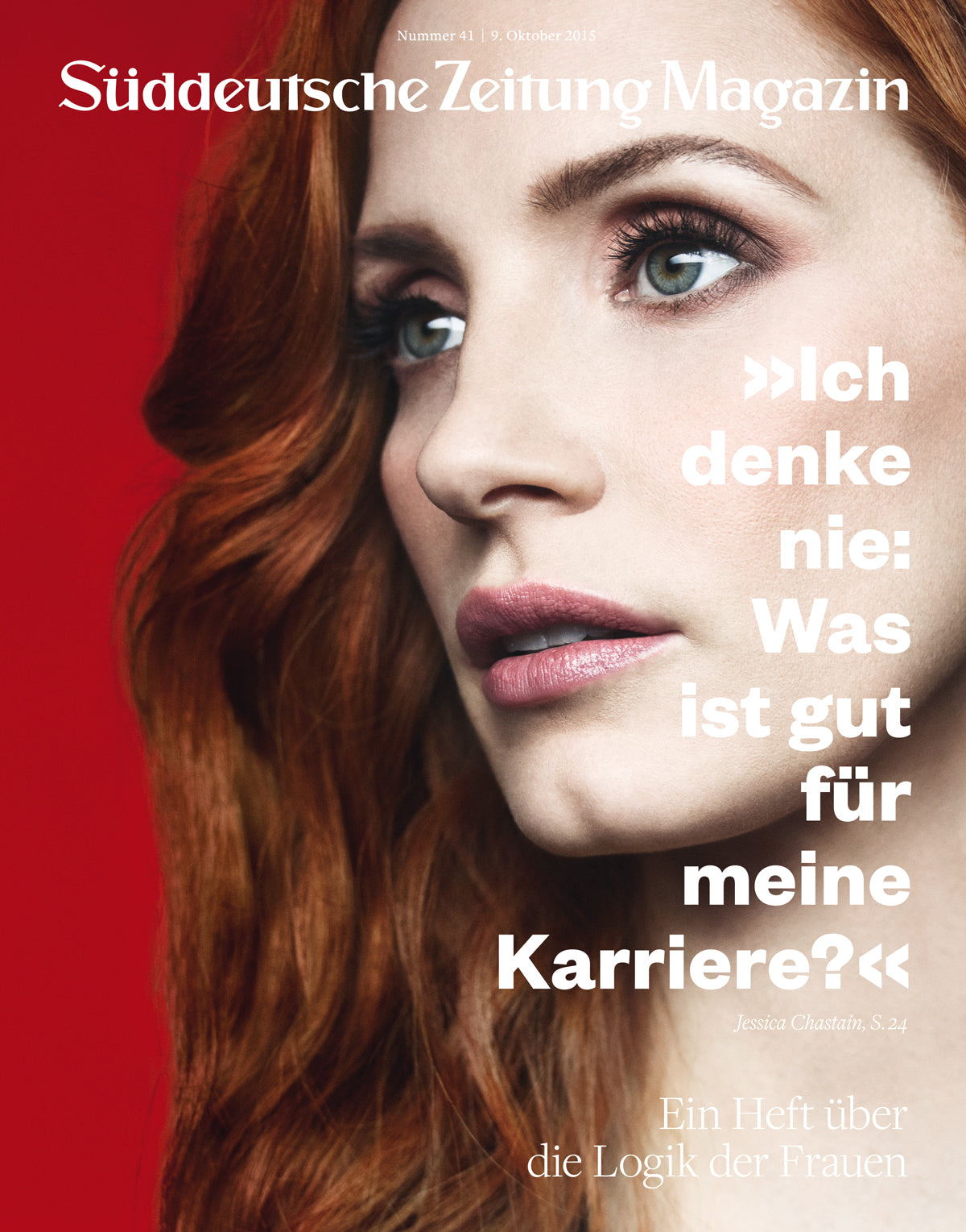 Nahaufnahme einer Frau mit roten Haaren, mit deutschem Text über Karriere und Frauenlogik.